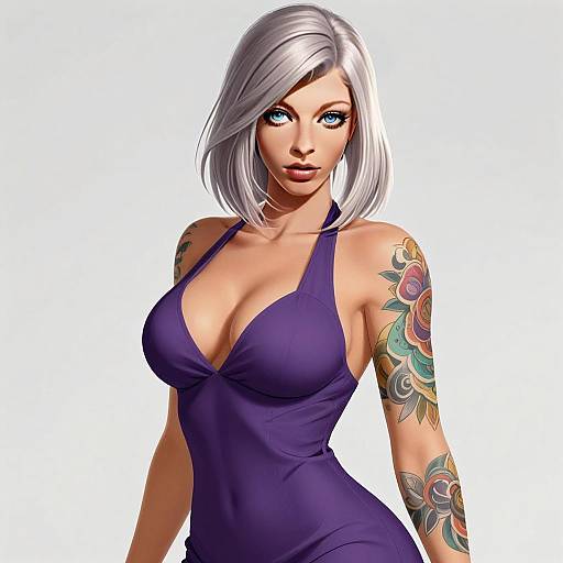 Digital Artwork of Woman with Silver Hair and Floral Tattoos in Purple Dress