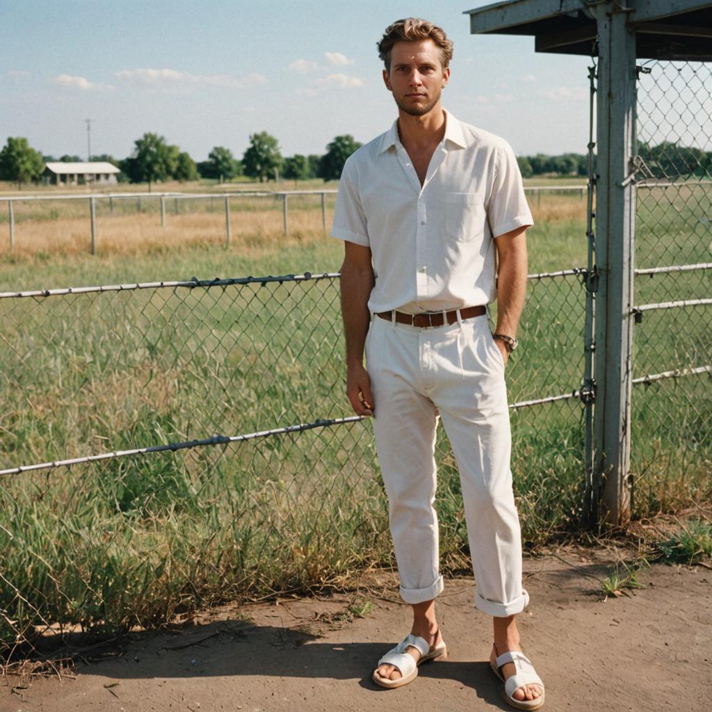 Confident Man in Casual Attire in Rustic Field