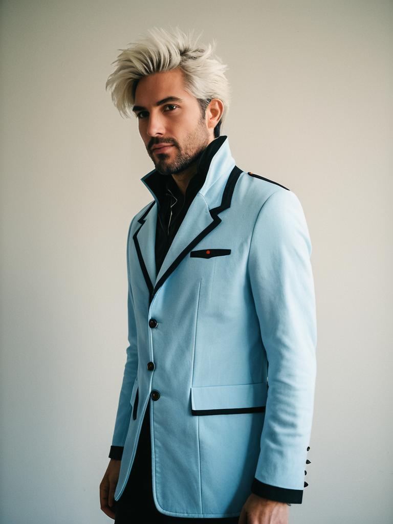 Man in Skyblazer Cosplay Costume Sky Blue Jacket Realistic Photo