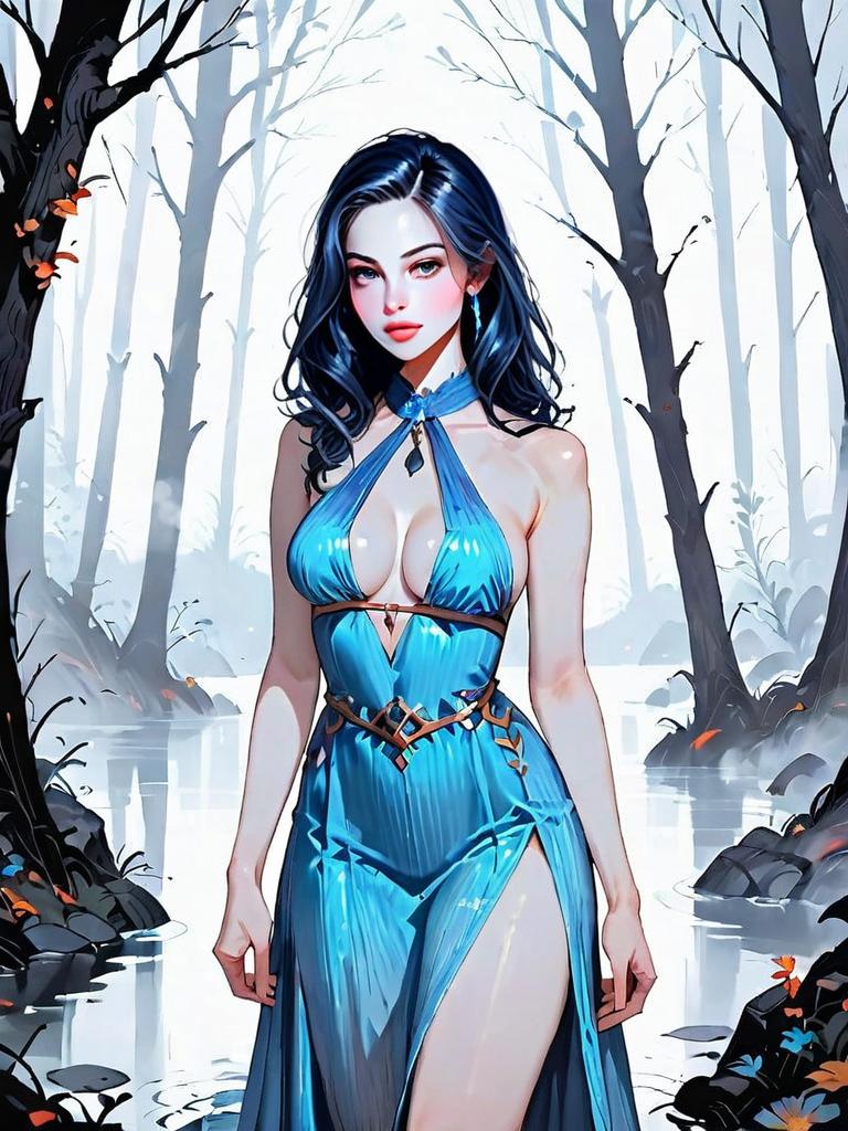 Mystical Woman in Blue Medieval Dress in Dark Fantasy Forest Artwork