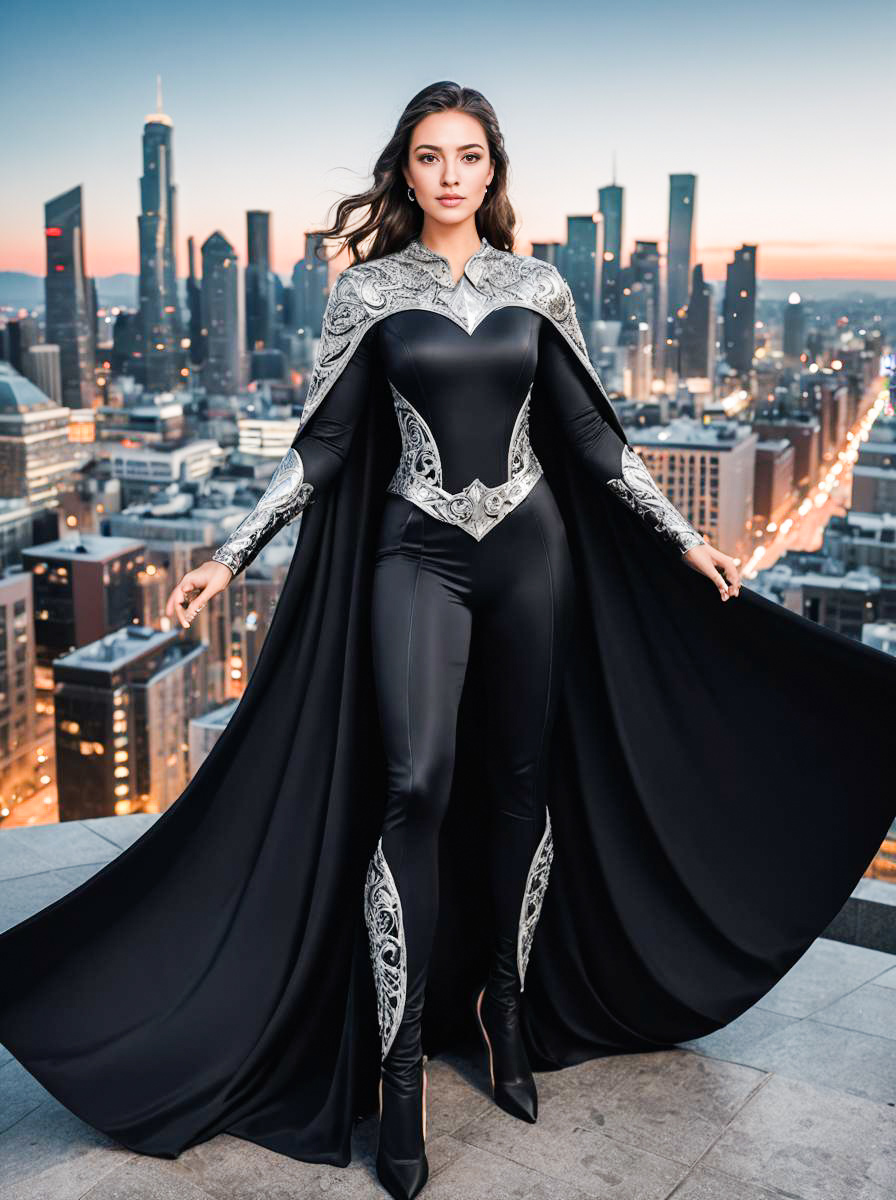 Elegant Woman in Black Costume Against City Skyline