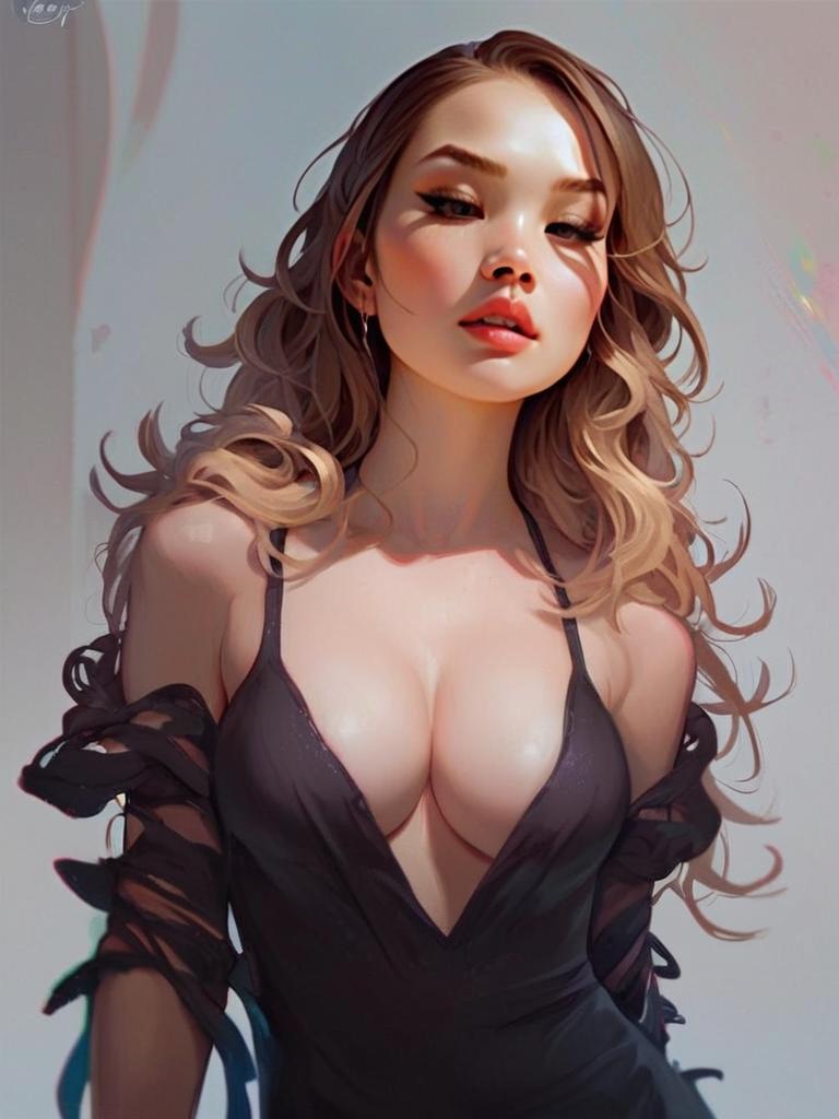 Digital Portrait of Woman in Black Dress with Wavy Hair