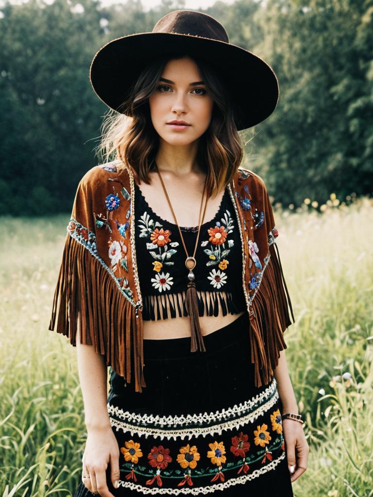 Bohemian Woman in Embroidered Fringe Jacket and Hat in Nature