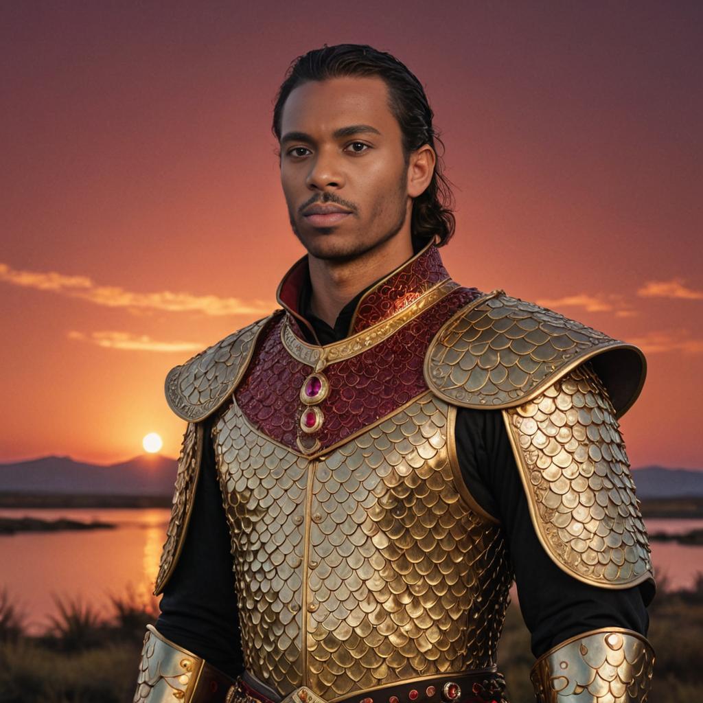 Regal Man in Golden Scalemail Armor with Rubies at Sunset