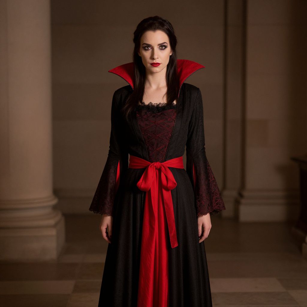 Gothic Vampire Woman in Black and Red Costume