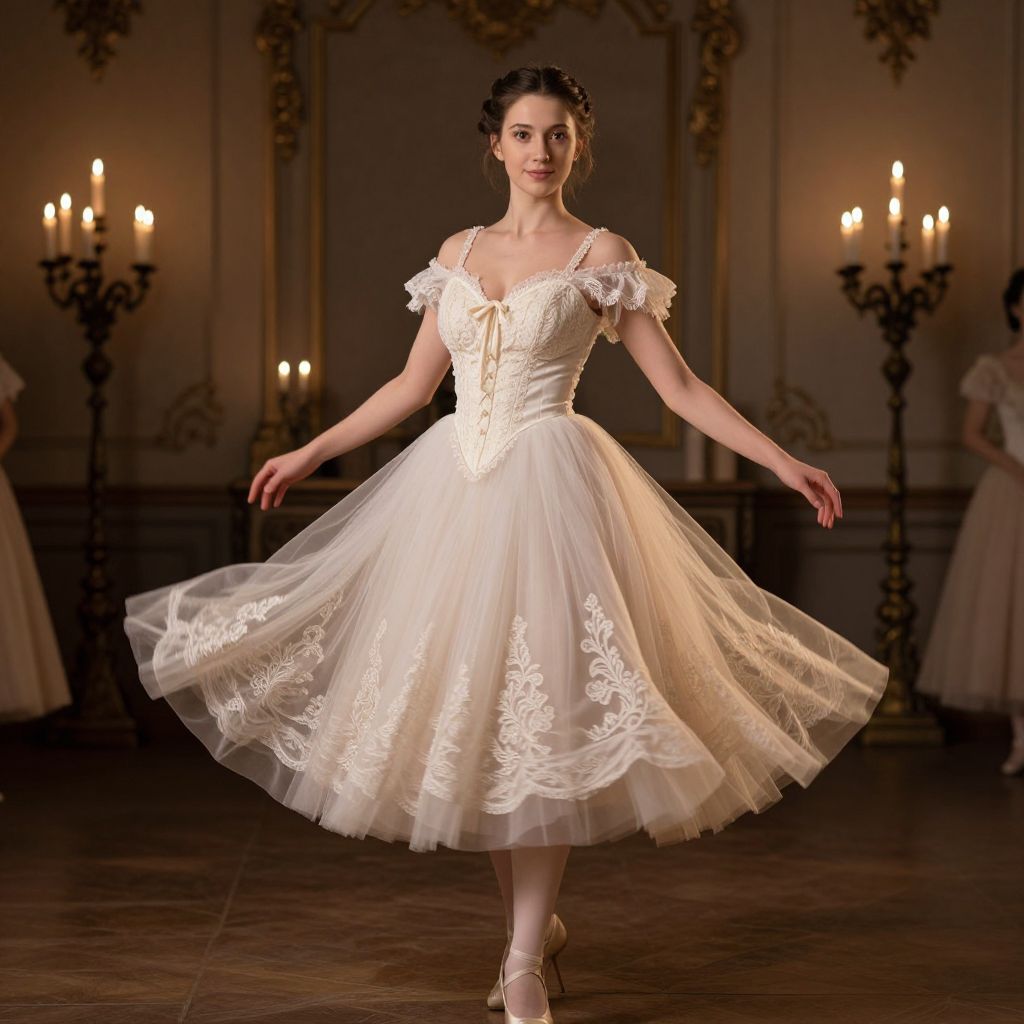 Elegant Ballerina in Vintage White Ballet Dress Twirling in Ornate Ballroom