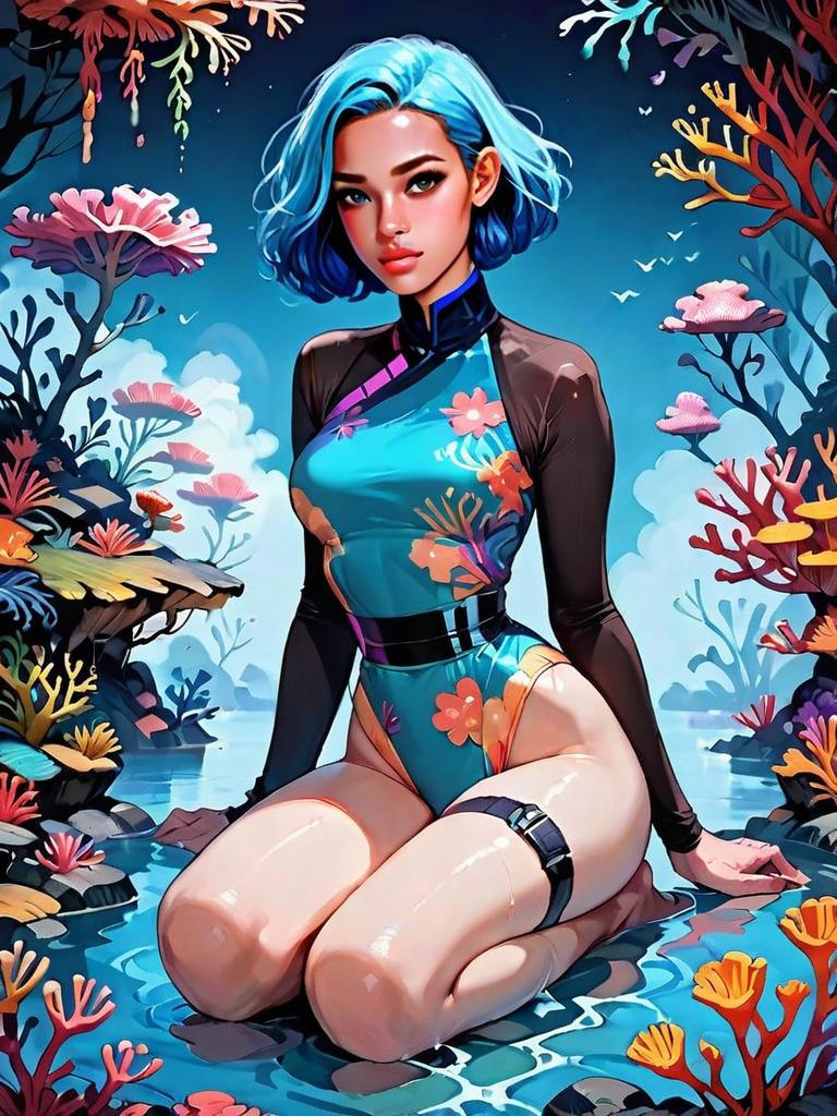 Digital Art of Woman with Blue Hair in Floral Bodysuit Kneeling in Fantastical Underwater Night Scene