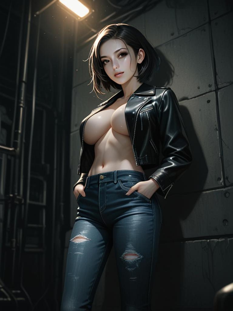 Dark Illustrious Woman in Leather Jacket and Ripped Jeans Digital Illustration