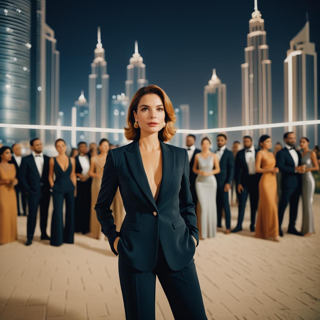 Confident Woman in Black Suit Against City Skyline