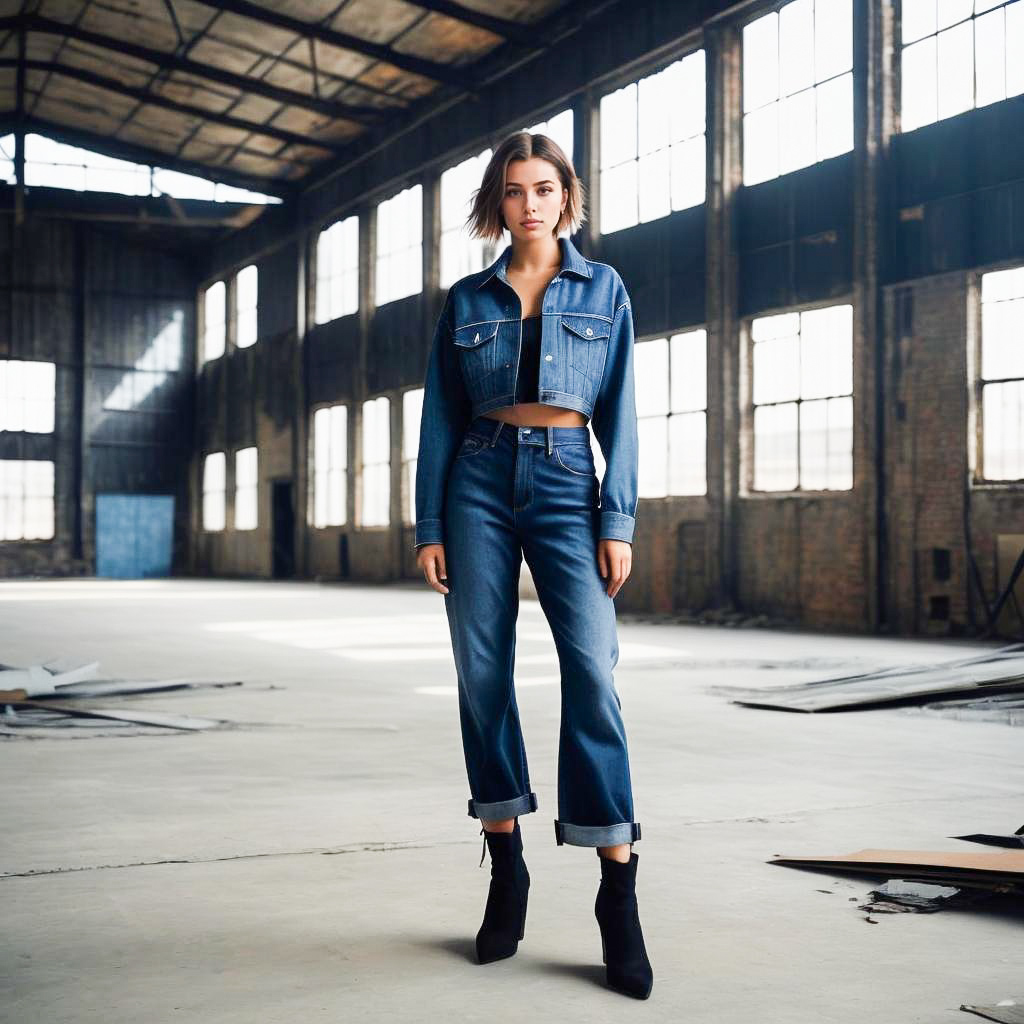 Confident Young Woman in Stylish Denim Outfit