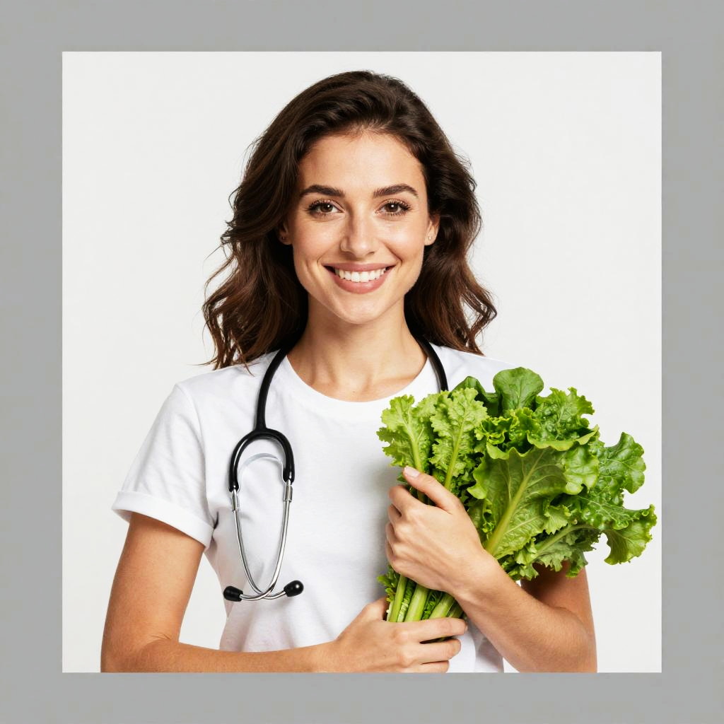 Smiling Woman Doctor Holding Fresh Lettuce for Healthy Living