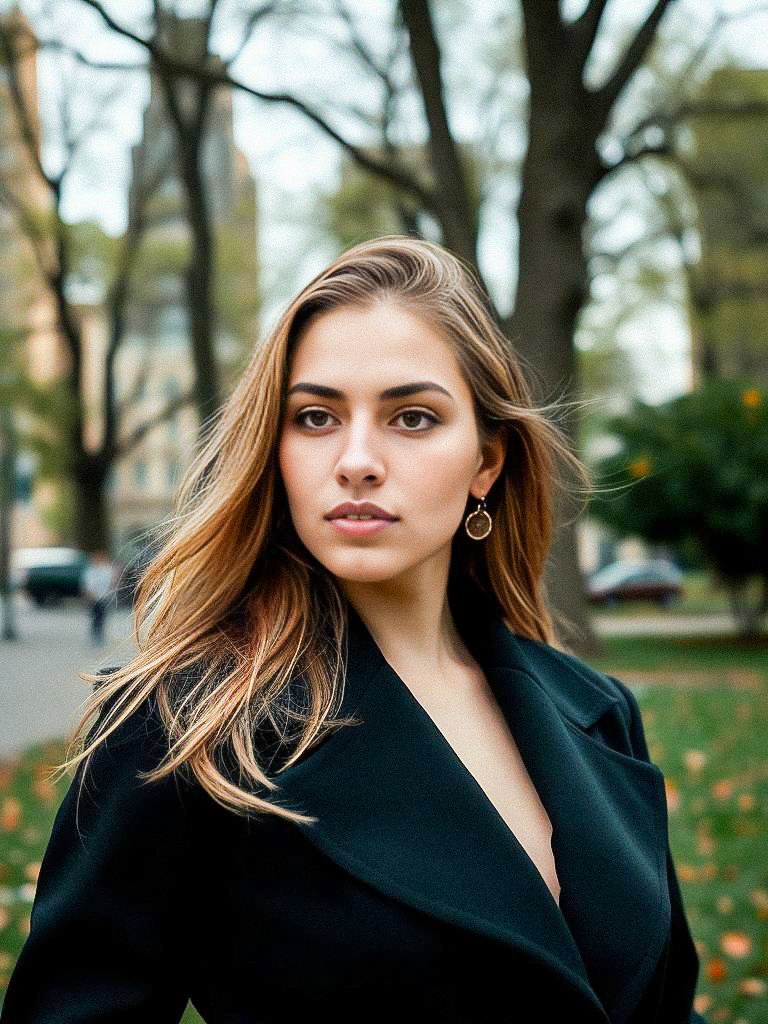 Confident Young Woman in Elegant Black Coat Outdoors