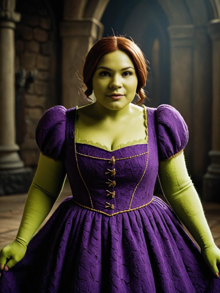 Woman in Purple Dress Shrek Costume with Cinematic Realism