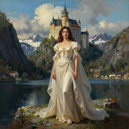 Elegant Woman in White Gown by Medieval Castle with Mountain Landscape