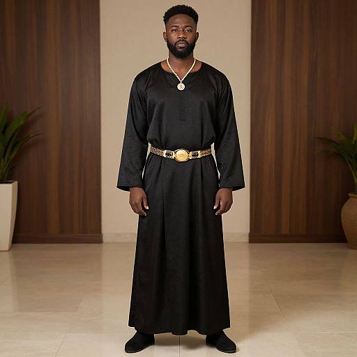 Man Wearing Traditional Black Thobe with Gold Accessories