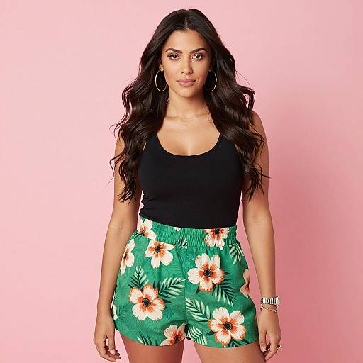 Young Woman Wearing Green Floral Shorts and Black Tank Top Against Pink Background