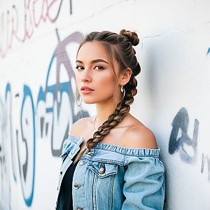Confident Young Woman in Braided Hairstyle Against Graffiti Wall