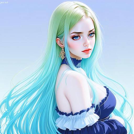Anime Woman with Aqua-Blue Hair in Elegant Blue Dress Digital Art