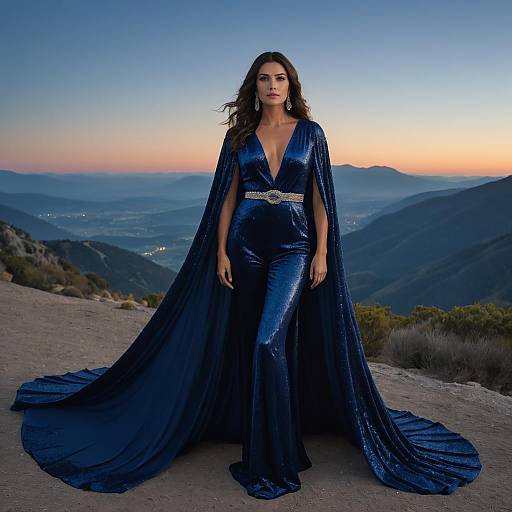 Elegant Woman in Navy Blue Cape Gown at Mountain Sunset