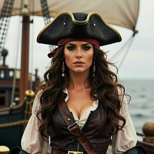 Woman Pirate in Classic Tricorn Hat on Ship Deck