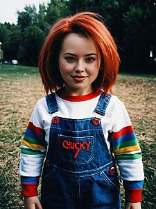 Woman in Chucky Costume with Red Wig and Denim Overalls