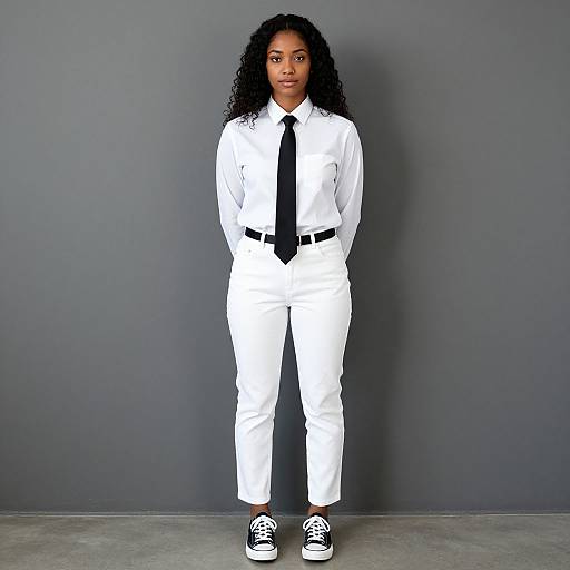 Confident Young Woman in White Shirt and Black Tie Standing Against Gray Wall