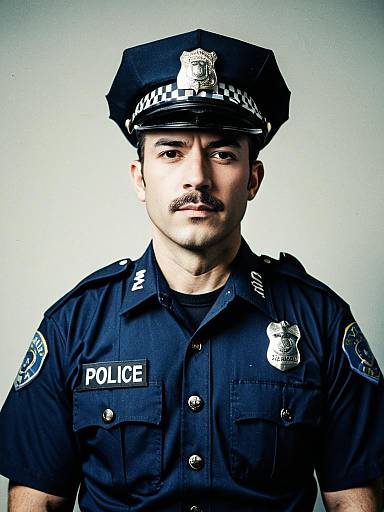 Photorealistic Editorial Portrait of Man in Police Uniform Waist Up
