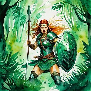 Fierce Woman Warrior in Green Armor