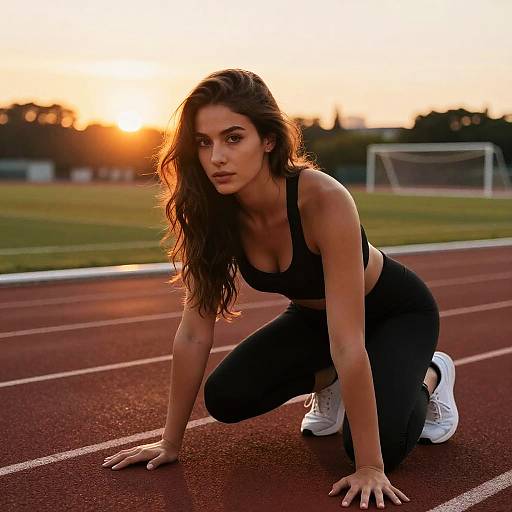 Young Woman Athlete Preparing to Sprint on Running Track at Sunset