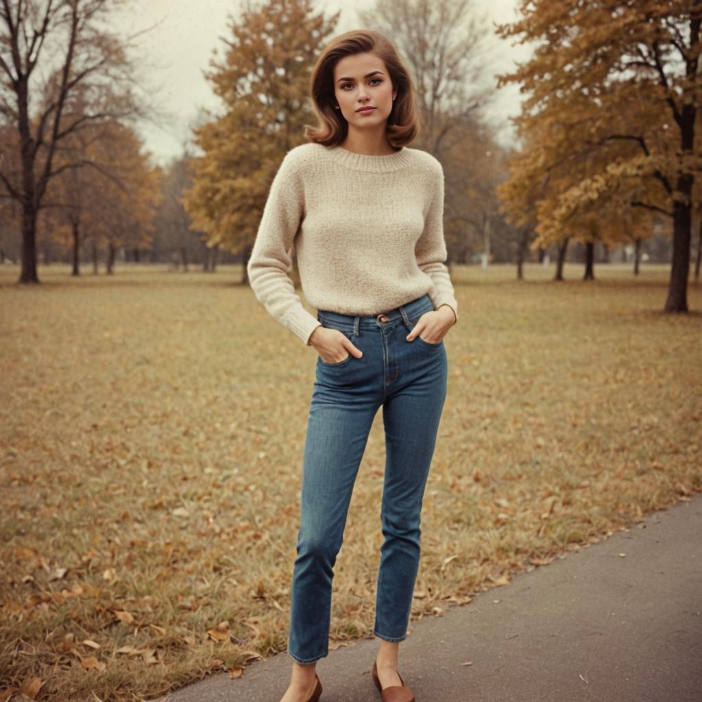 Stylish woman in skinny jeans and beige sweater in park