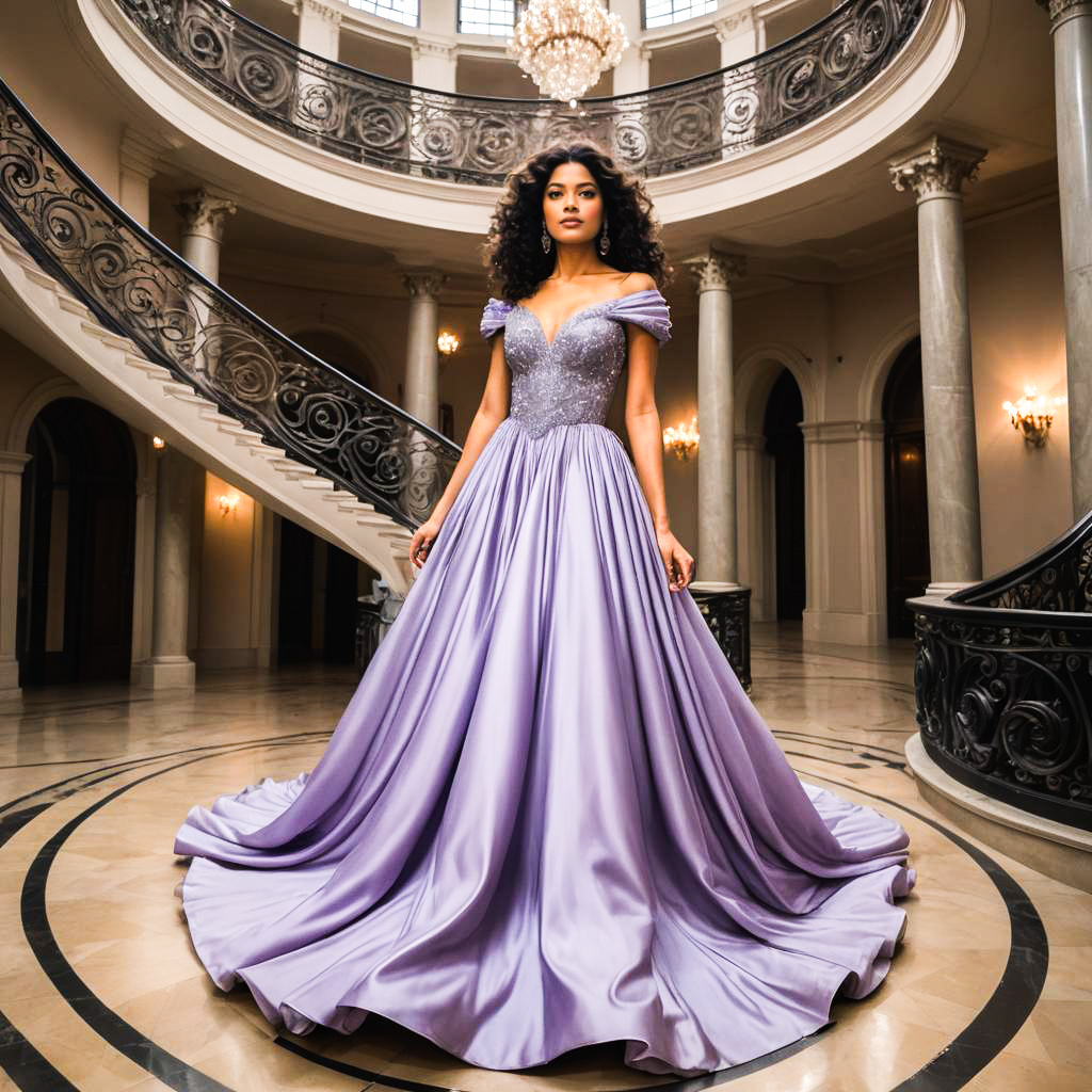 Elegant Woman in Lavender Gown on Grand Staircase