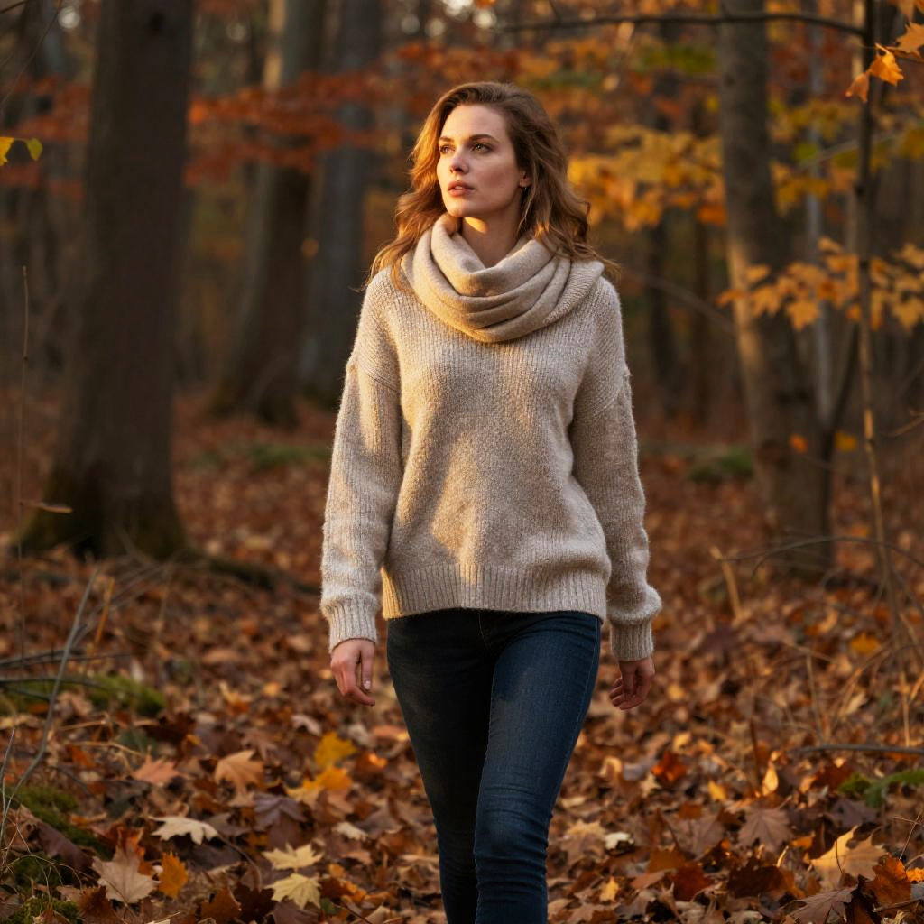 Woman Walking in Autumn Forest Wearing Cozy Sweater