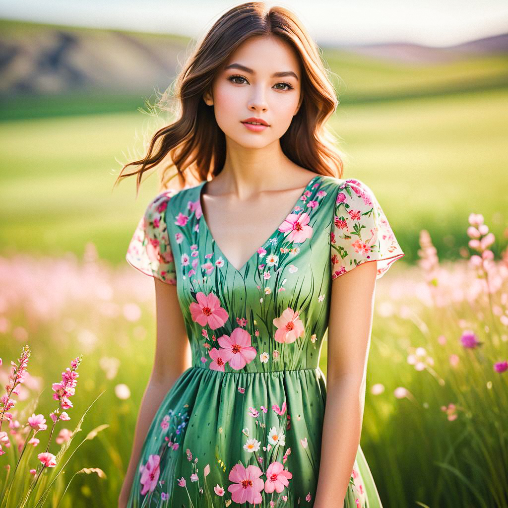 Young Woman in Green Dress in Sunlit Meadow Young Woman in Green Dress in Sunlit Meadow