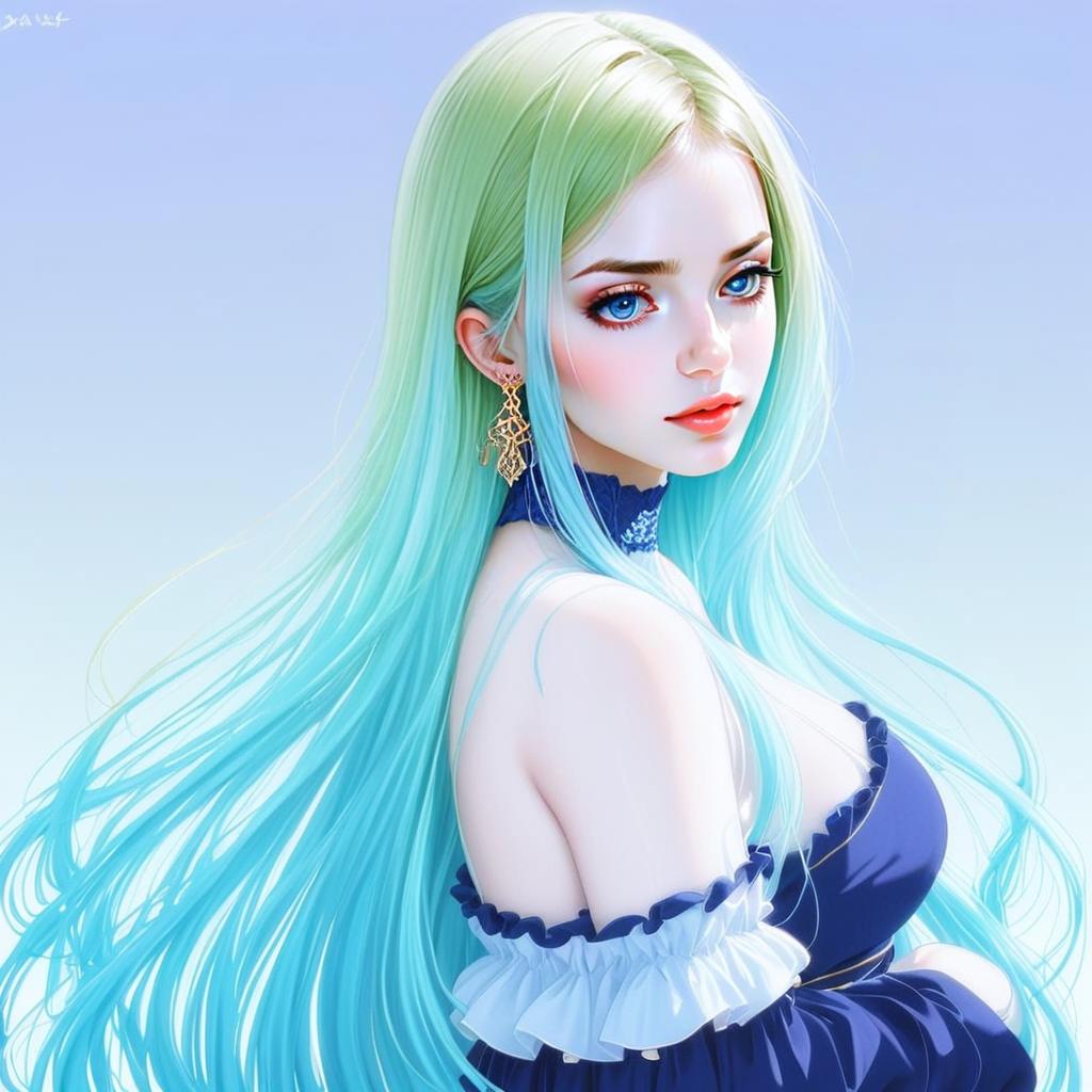 Anime Woman with Aqua-Blue Hair in Elegant Blue Dress Digital Art