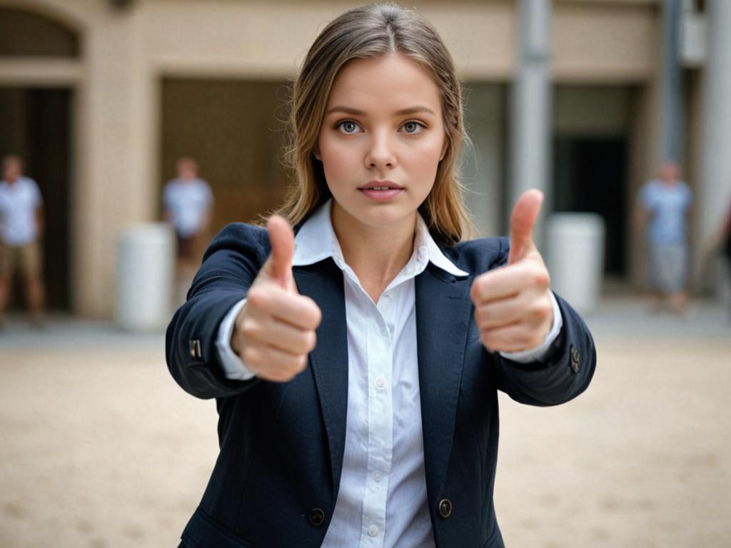 Woman in business casual with thumbs up