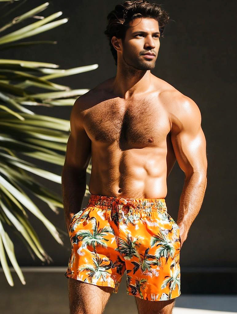 Fit Young Man in Orange Swim Shorts Against Lush Greenery