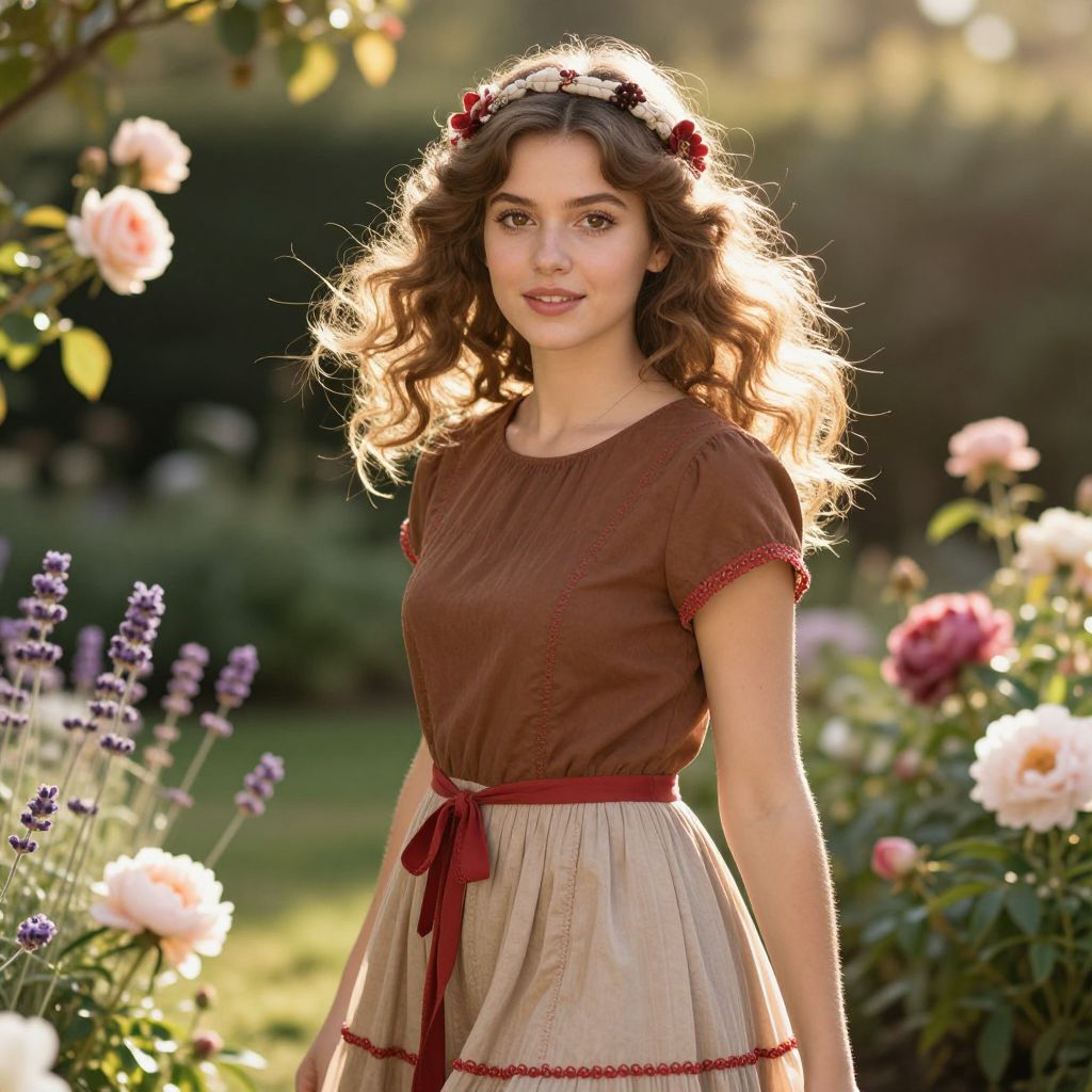 Portrait of Young Woman in Vintage Dress with Floral Headband in Sunlit Garden