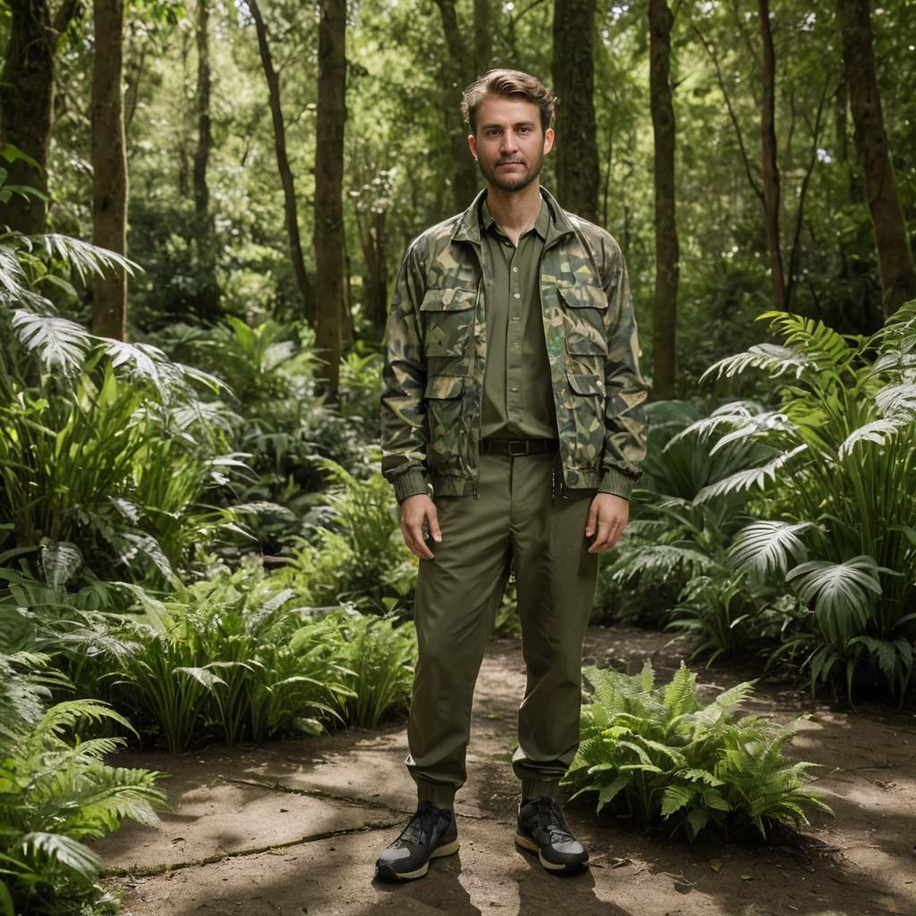 Confident Man in Camouflage in Lush Forest