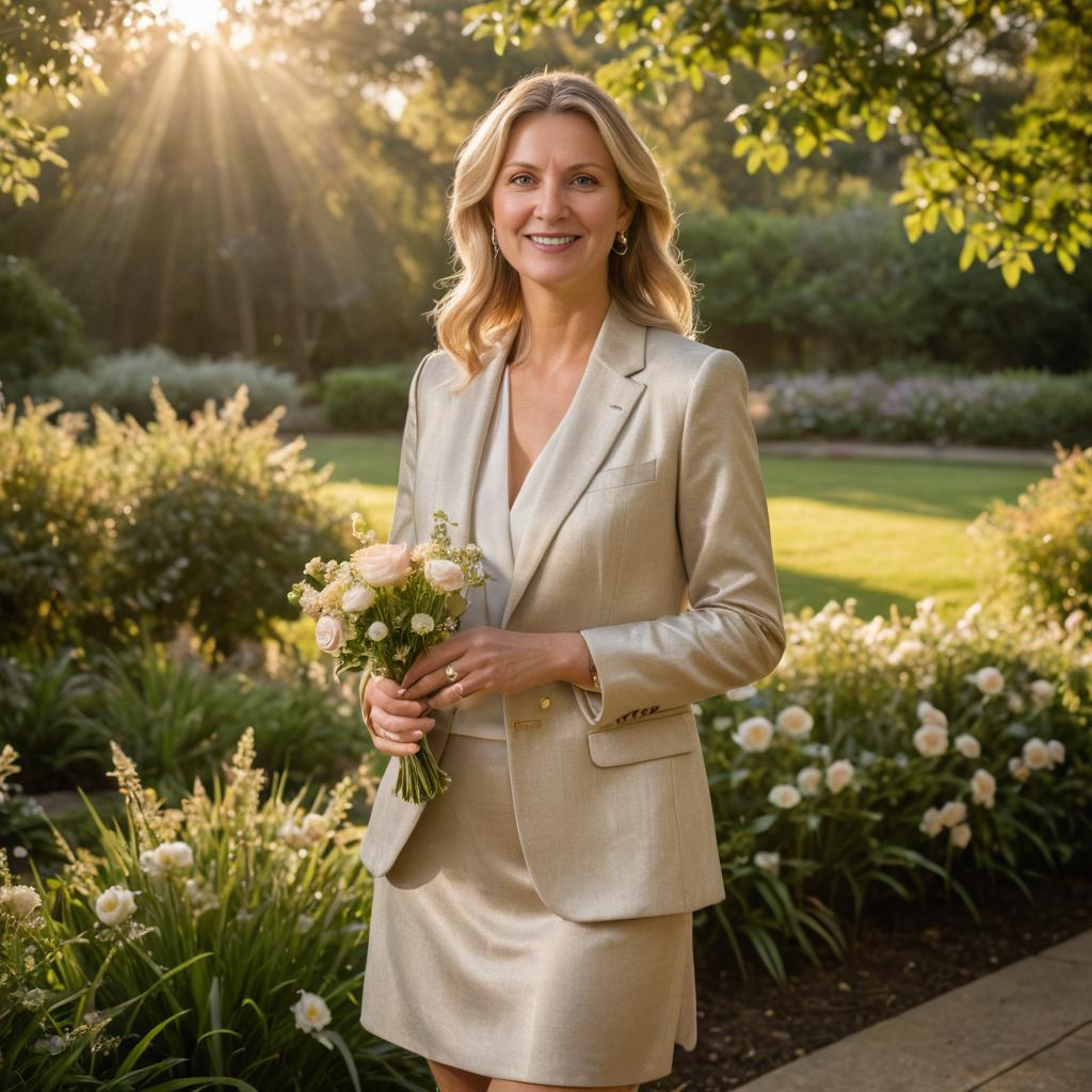 Smiling Woman in Beige Blazer with Bouquet in Garden