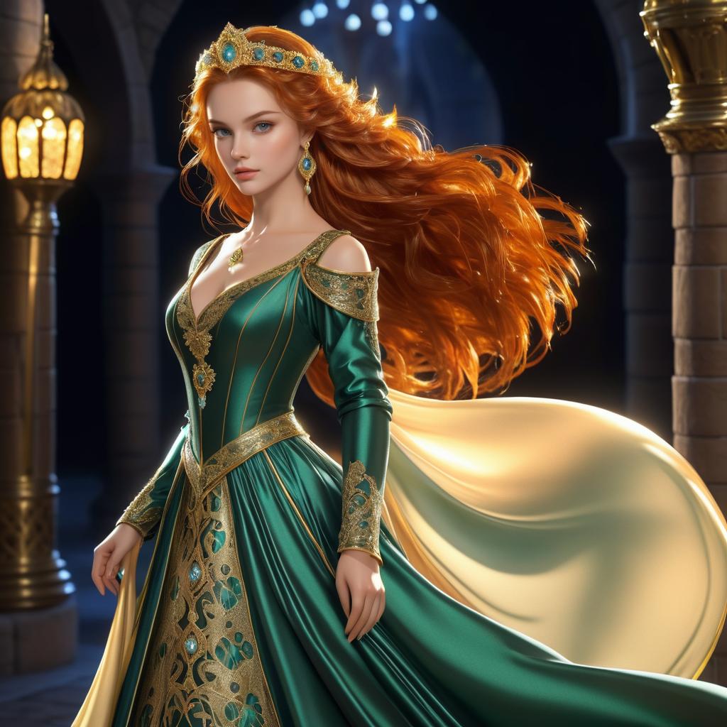 Regal Woman in Green Gown - Fantasy Scene