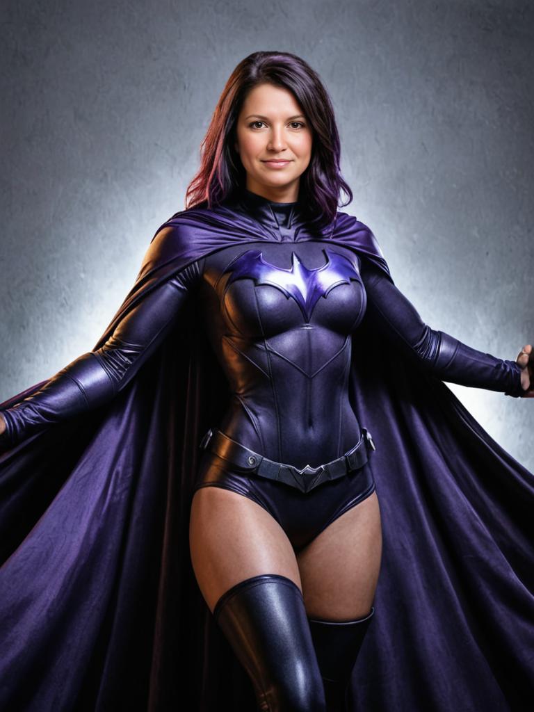 Woman Cosplaying as Raven in Purple Suit and Cape