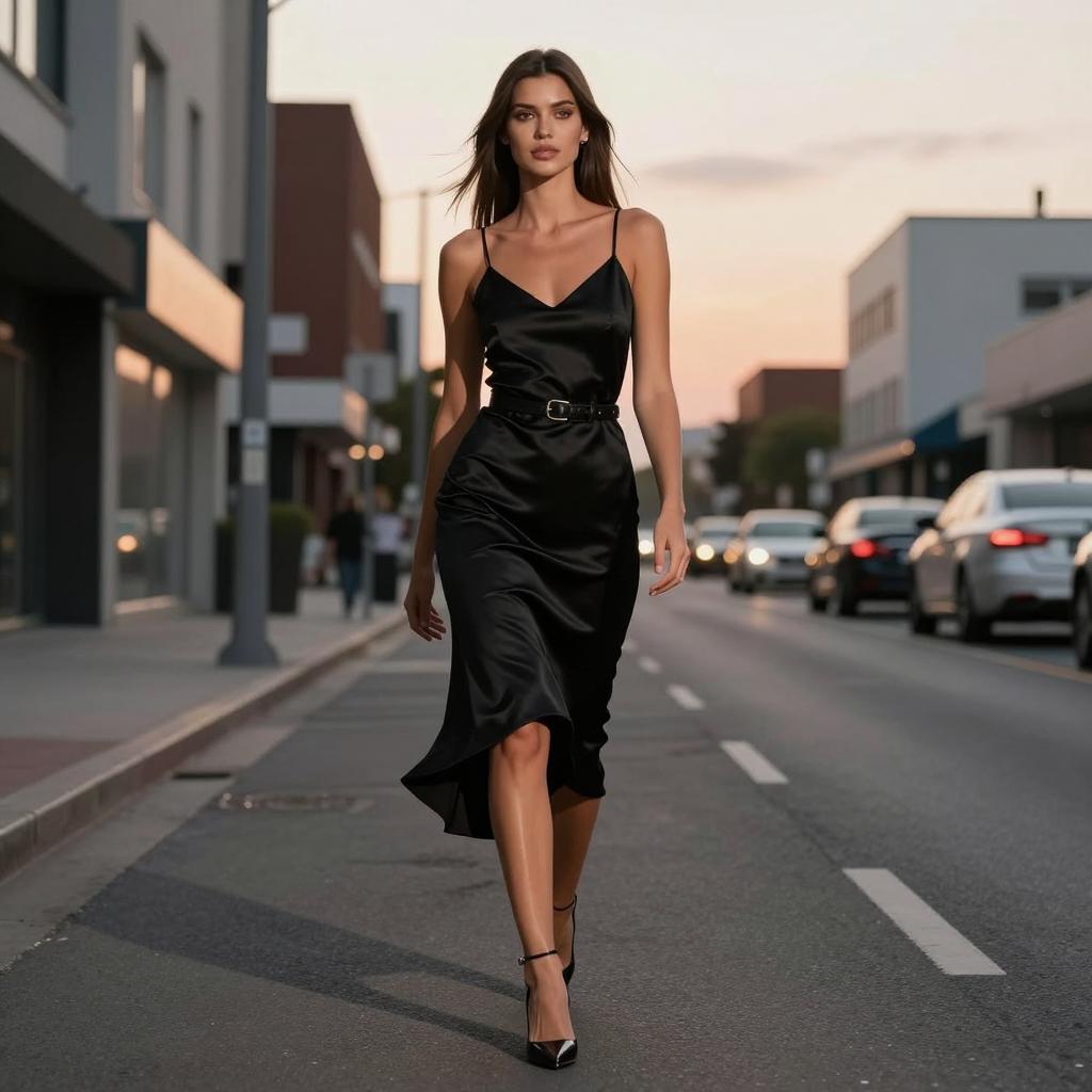 Elegant Woman in Black Satin Slip Dress Walking on City Street at Sunset