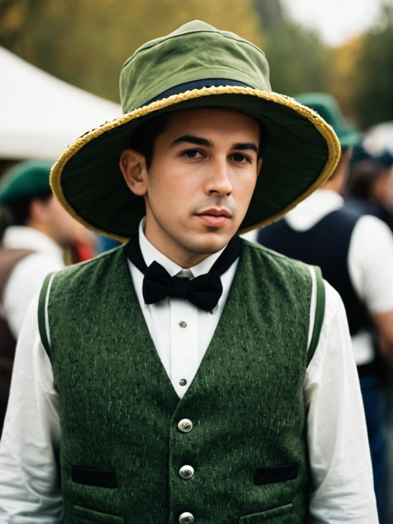 Young Man in Green Vintage Vest and Large Floppy Hat Outdoor Portrait