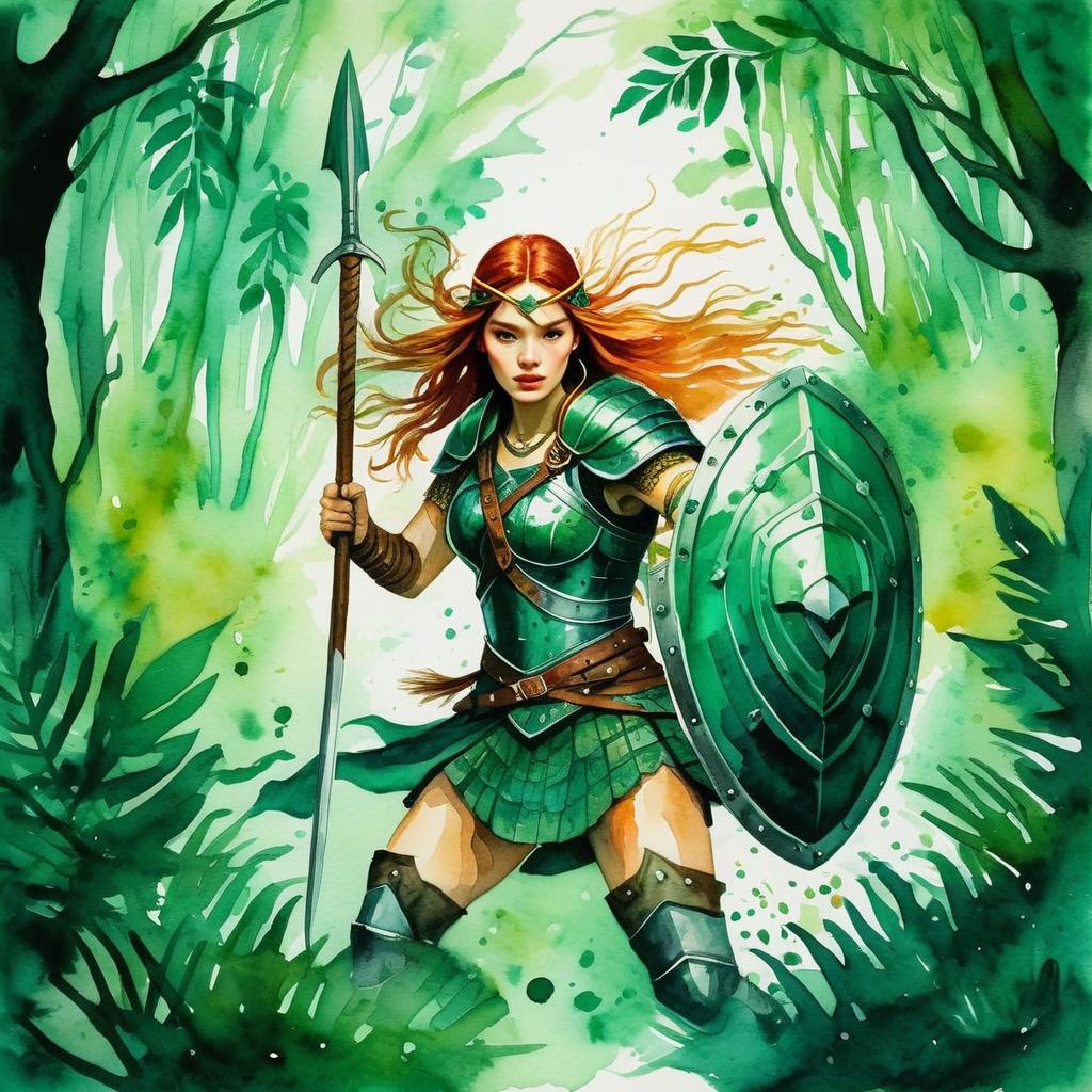 Fierce Woman Warrior in Green Armor Fierce Woman Warrior in Green Armor