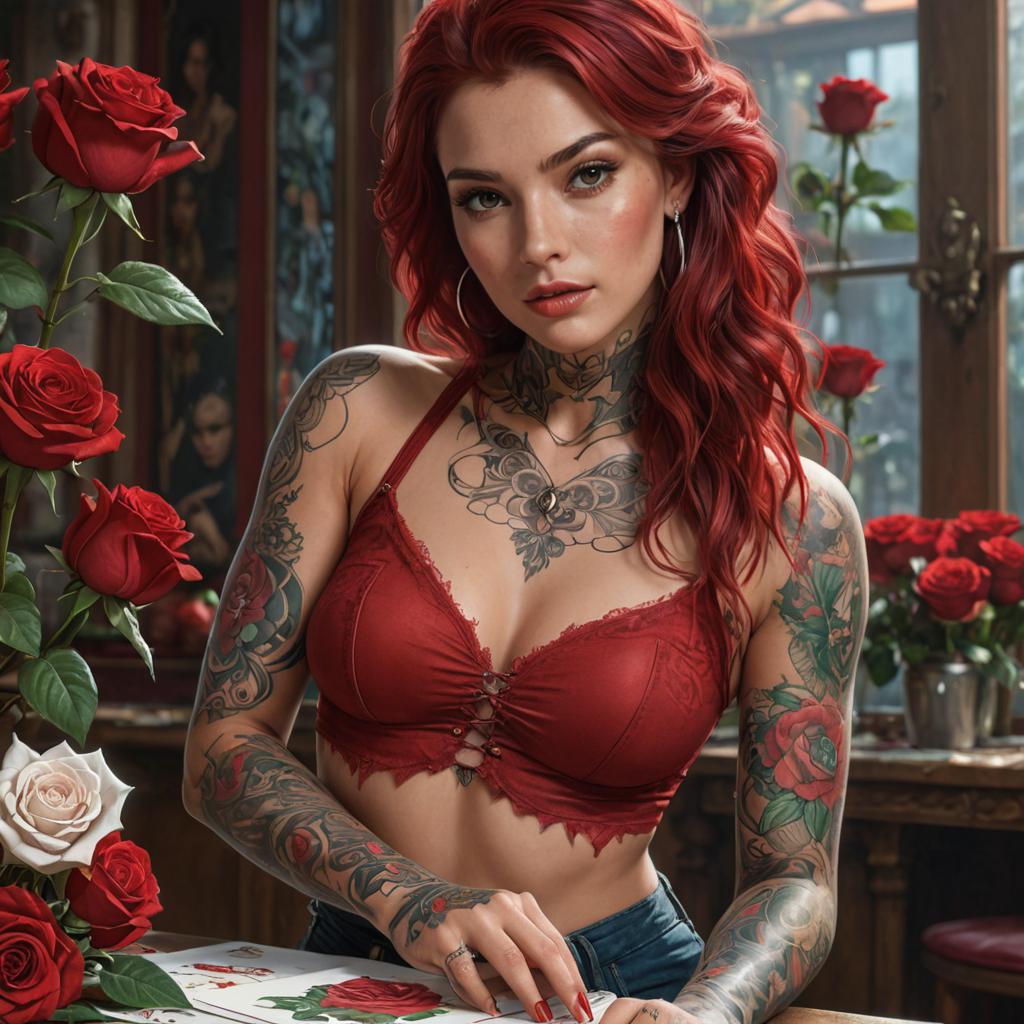 Edgy woman with red hair and tattoos