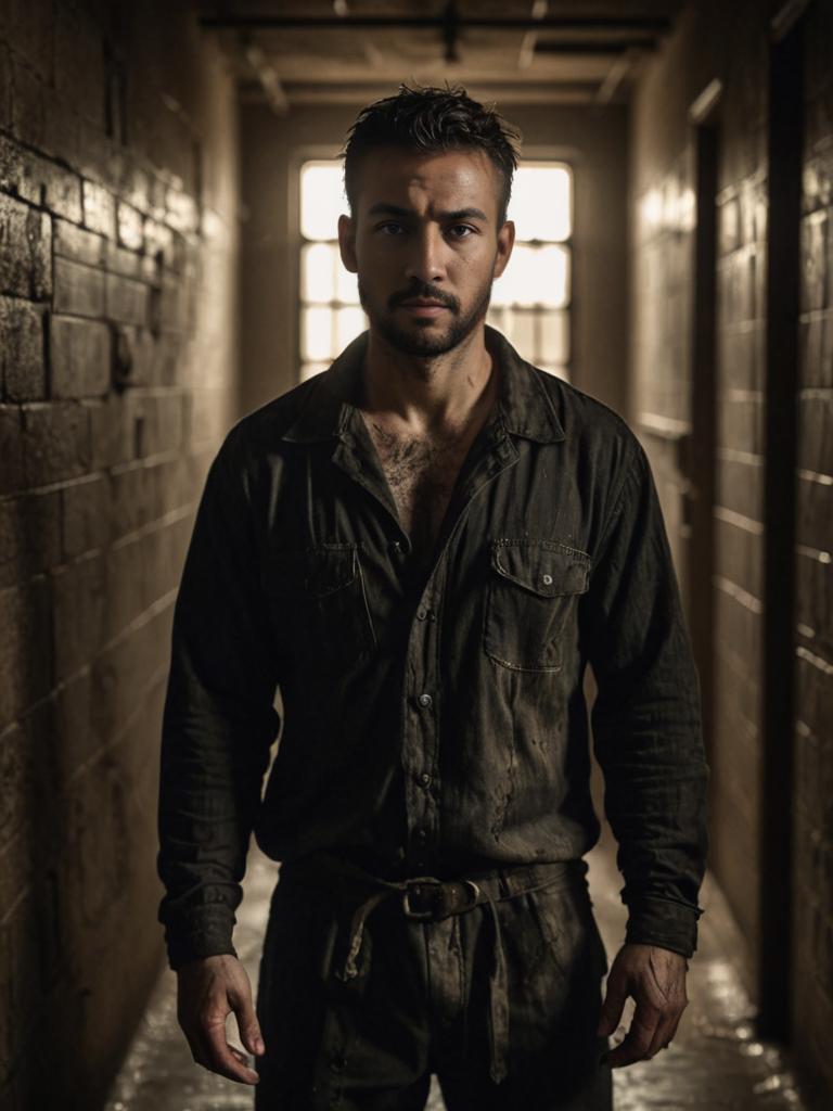 Contemplative Man in Prisoner Clothes in Dim Jail Hallway