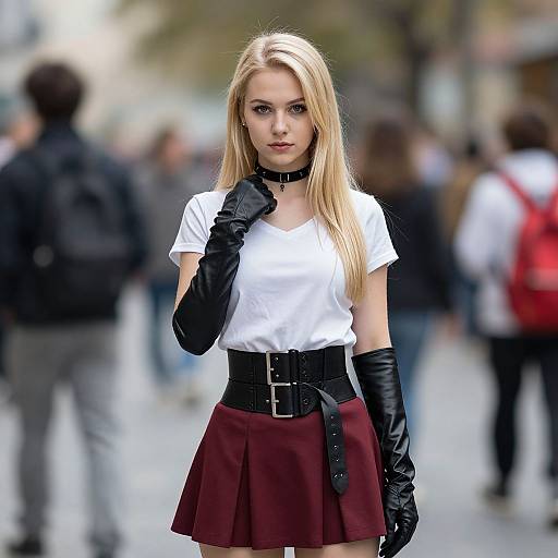 Fashionable Young Woman in Leather Gloves and Maroon Skirt in Urban Street