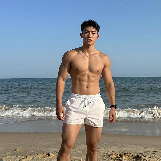 Fit Young Man in White Swim Shorts on Beach by Ocean