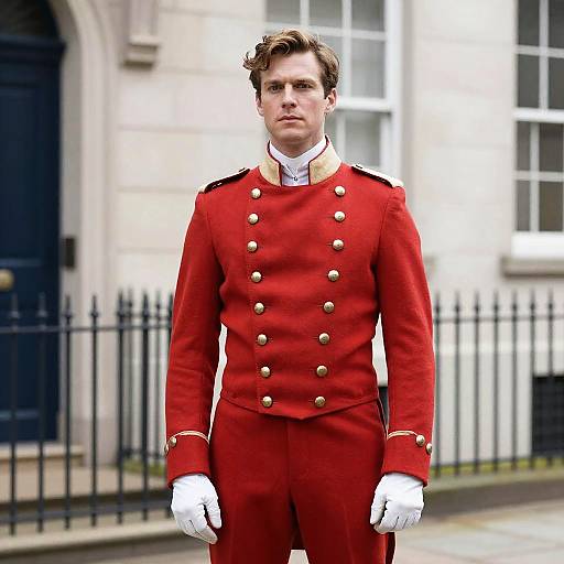 Man in British Red Coat Costume with White Gloves Standing Outdoors
