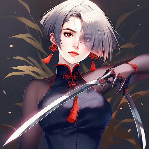 Anime Style Female Fighter with Blades in Chinese Outfit